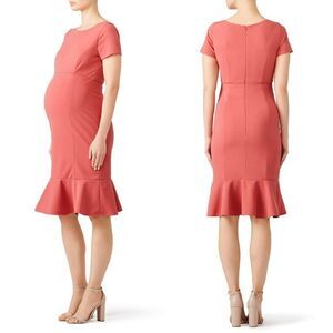 Paper Crown Anthro Maternity Sheath Ruffle Hem Midi Dress in Dusty Rose Pink M